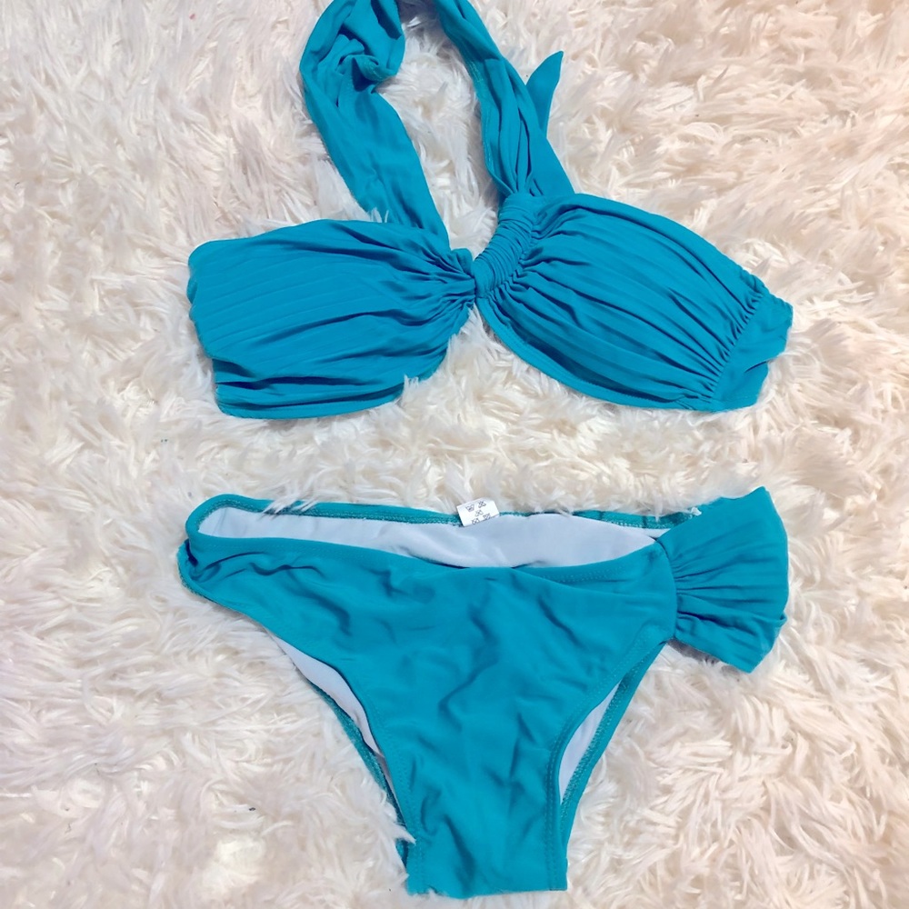 Turquoise Twist Knotted One Shoulder Ruched Bikini